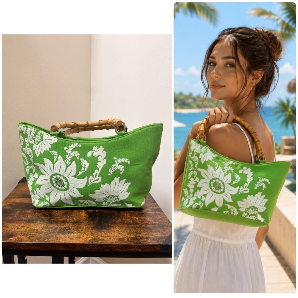 Vintage Kate Spade Flaw Green White Floral Bamboo Handles Rhinestones Detail Bag